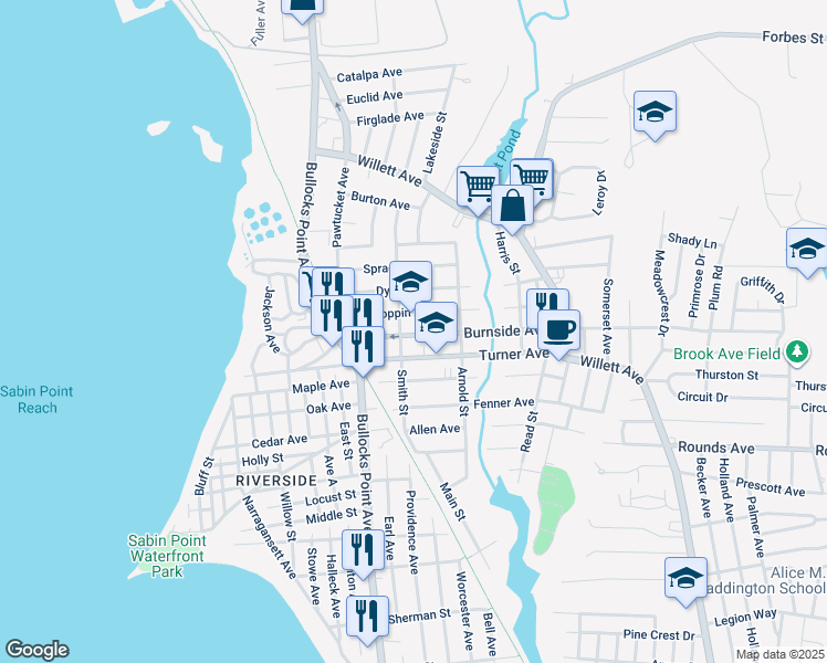map of restaurants, bars, coffee shops, grocery stores, and more near 58 Burnside Avenue in East Providence