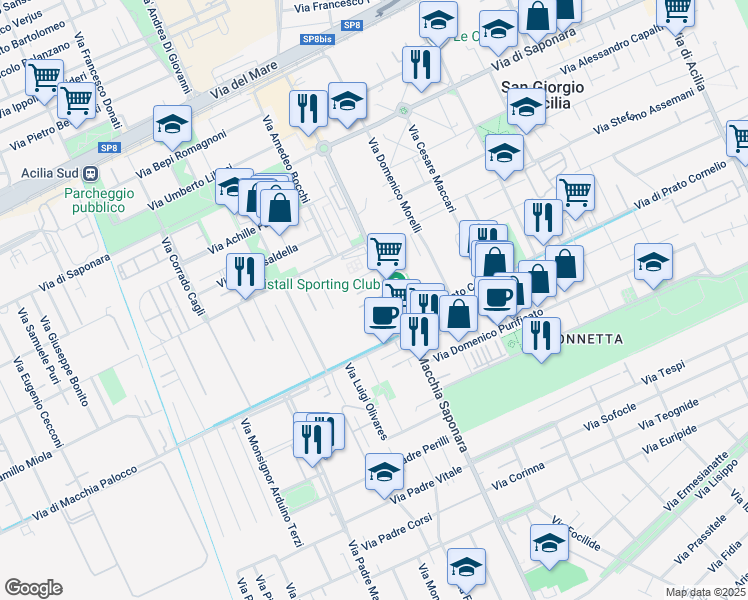 map of restaurants, bars, coffee shops, grocery stores, and more near Via Padre Natalino Sartor in Acilia-Castel Fusano-Ostia Antica