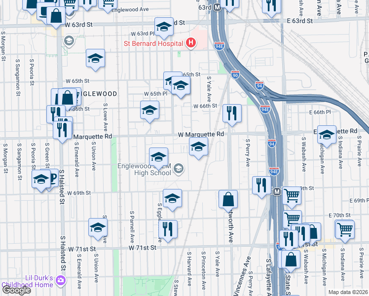 map of restaurants, bars, coffee shops, grocery stores, and more near 6717 South Stewart Avenue in Chicago