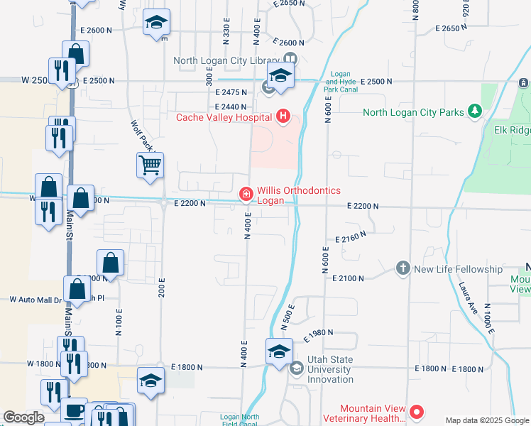 map of restaurants, bars, coffee shops, grocery stores, and more near 457 East 2170 North in North Logan