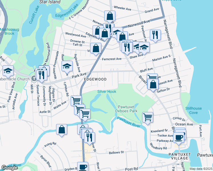 map of restaurants, bars, coffee shops, grocery stores, and more near 40 River Street in Cranston