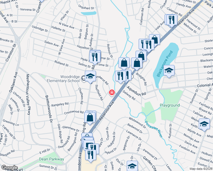 map of restaurants, bars, coffee shops, grocery stores, and more near 43 Lenox Road in Cranston