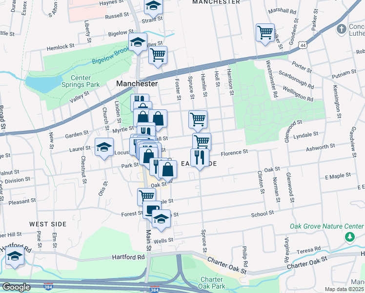 map of restaurants, bars, coffee shops, grocery stores, and more near 75 Birch Street in Manchester