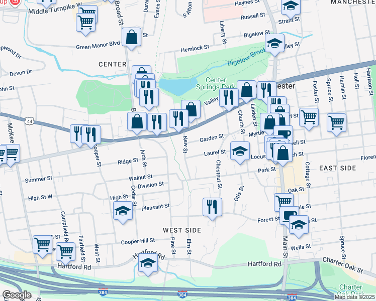 map of restaurants, bars, coffee shops, grocery stores, and more near 40 New Street in Manchester