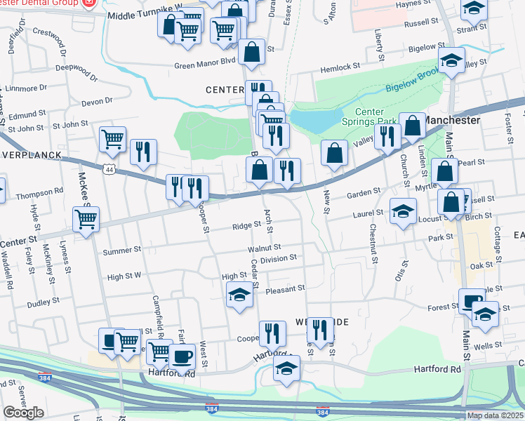 map of restaurants, bars, coffee shops, grocery stores, and more near 22 Arch Street in Manchester