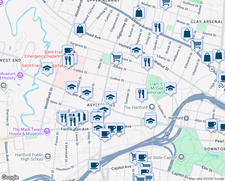 map of restaurants, bars, coffee shops, grocery stores, and more near 57 Huntington Street in Hartford