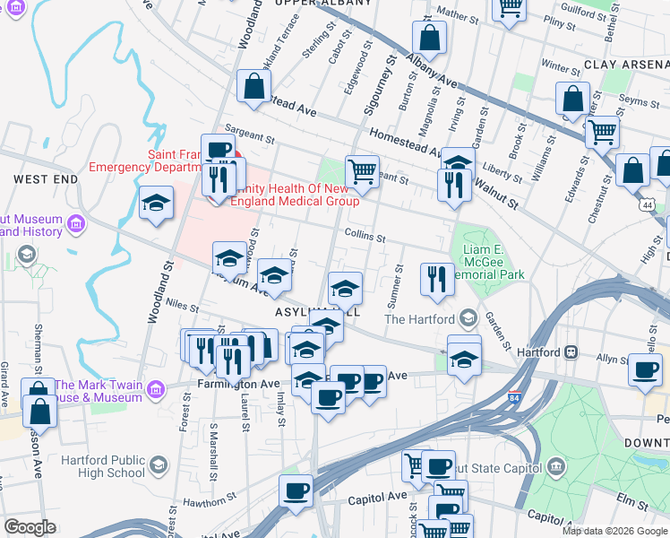 map of restaurants, bars, coffee shops, grocery stores, and more near 188 Sigourney Street in Hartford