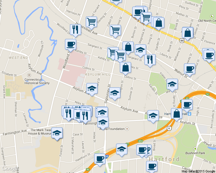 map of restaurants, bars, coffee shops, grocery stores, and more near 188 Sigourney Street in Hartford