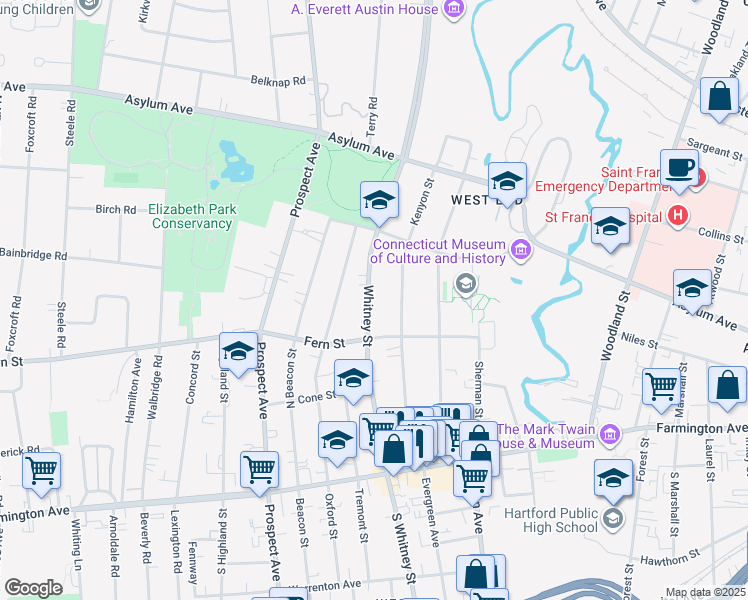 map of restaurants, bars, coffee shops, grocery stores, and more near 149 Kenyon Street in Hartford