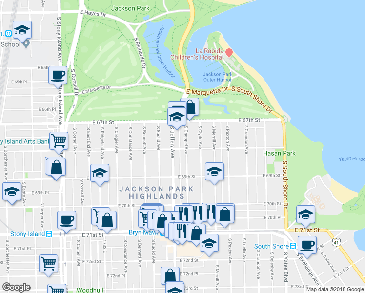map of restaurants, bars, coffee shops, grocery stores, and more near 6751 South Jeffery Boulevard in Chicago