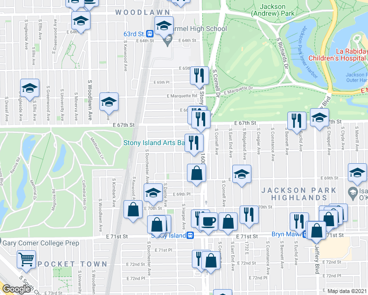map of restaurants, bars, coffee shops, grocery stores, and more near 1517 East 67th Place in Chicago