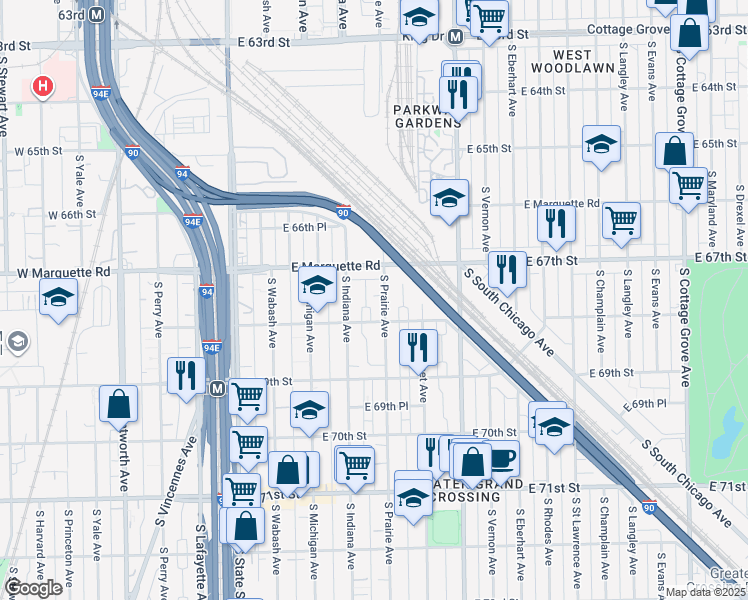 map of restaurants, bars, coffee shops, grocery stores, and more near 6727 South Indiana Avenue in Chicago