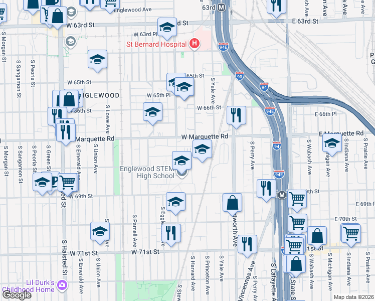 map of restaurants, bars, coffee shops, grocery stores, and more near 6717 South Stewart Avenue in Chicago