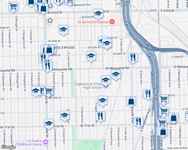 map of restaurants, bars, coffee shops, grocery stores, and more near 426 West Normal Parkway in Chicago
