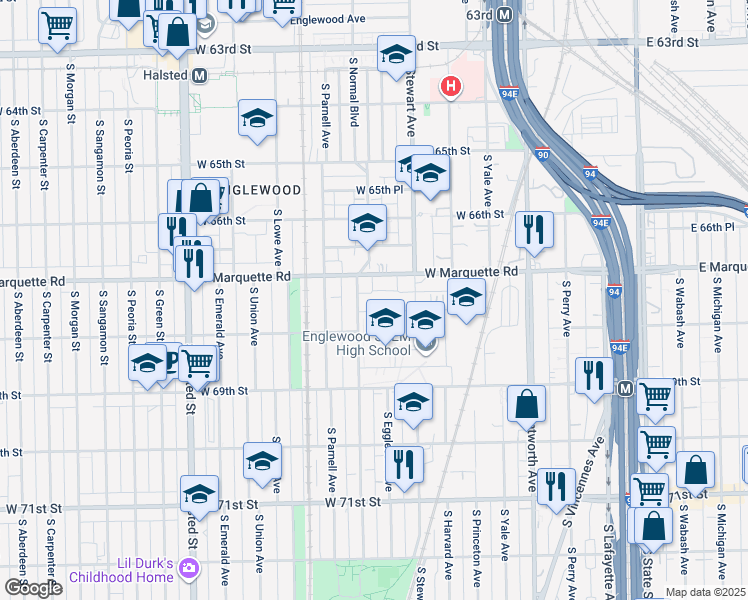 map of restaurants, bars, coffee shops, grocery stores, and more near 426 West Normal Parkway in Chicago