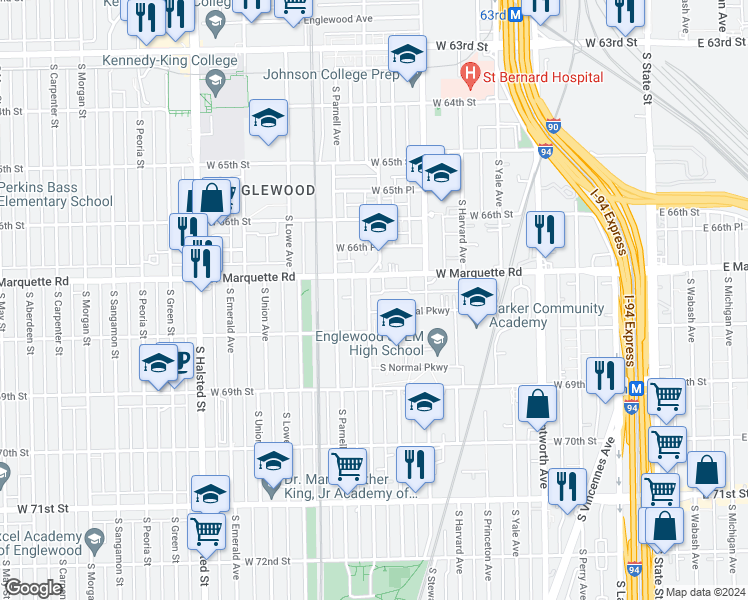 map of restaurants, bars, coffee shops, grocery stores, and more near 6716 South Normal Boulevard in Chicago