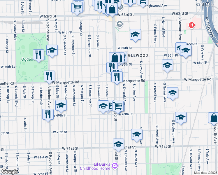 map of restaurants, bars, coffee shops, grocery stores, and more near 6710 South Halsted Street in Chicago