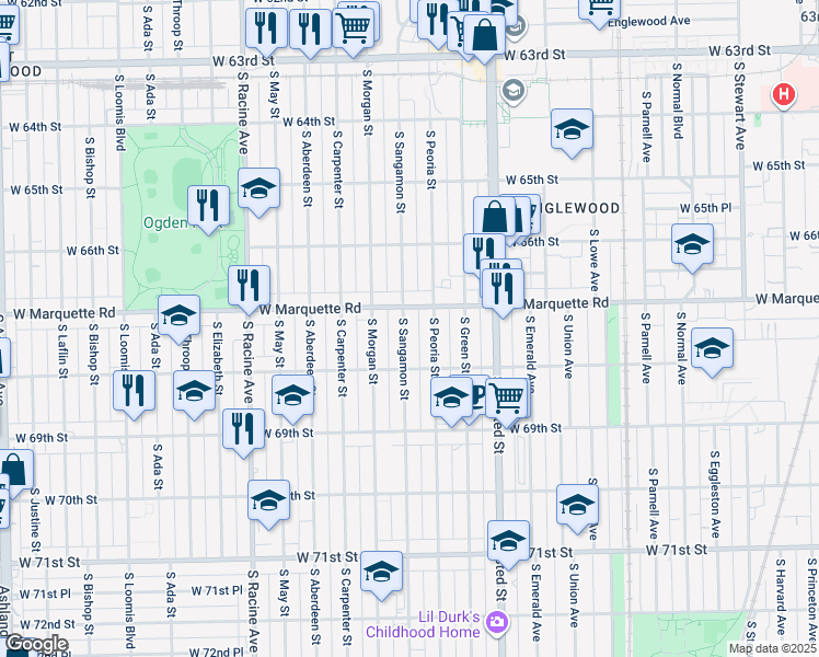 map of restaurants, bars, coffee shops, grocery stores, and more near 6713 South Sangamon Street in Chicago