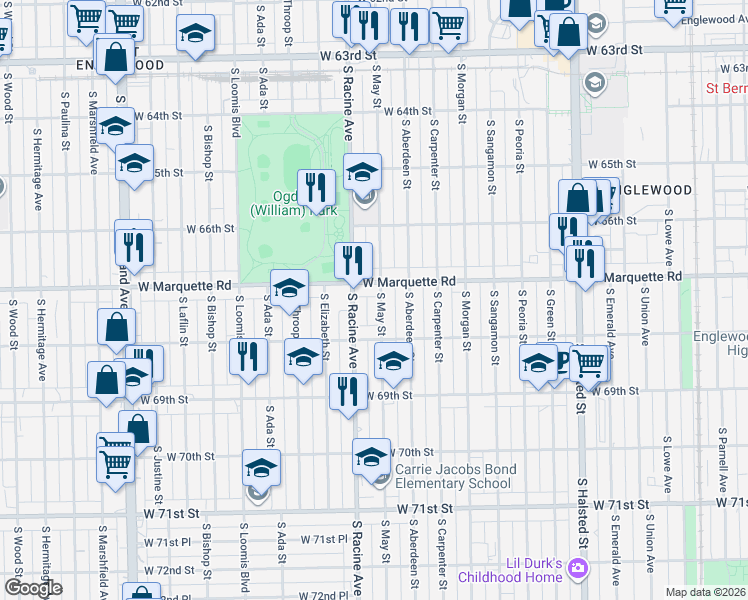 map of restaurants, bars, coffee shops, grocery stores, and more near 6709 South Racine Avenue in Chicago