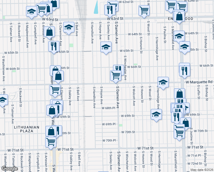 map of restaurants, bars, coffee shops, grocery stores, and more near 2029 West Marquette Road in Chicago