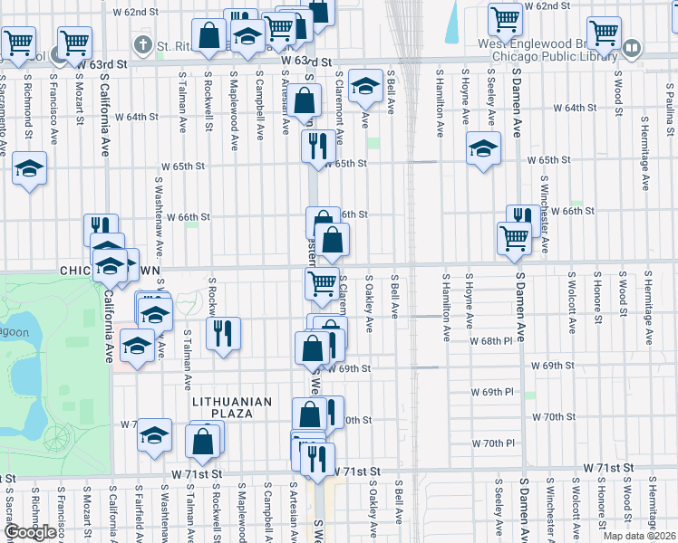 map of restaurants, bars, coffee shops, grocery stores, and more near 2339 West Marquette Road in Chicago