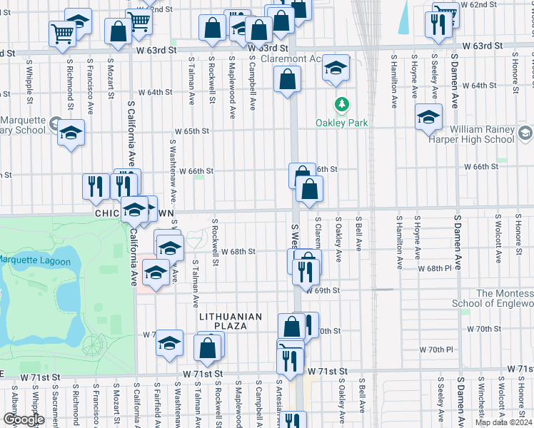 map of restaurants, bars, coffee shops, grocery stores, and more near 2446 West Marquette Road in Chicago