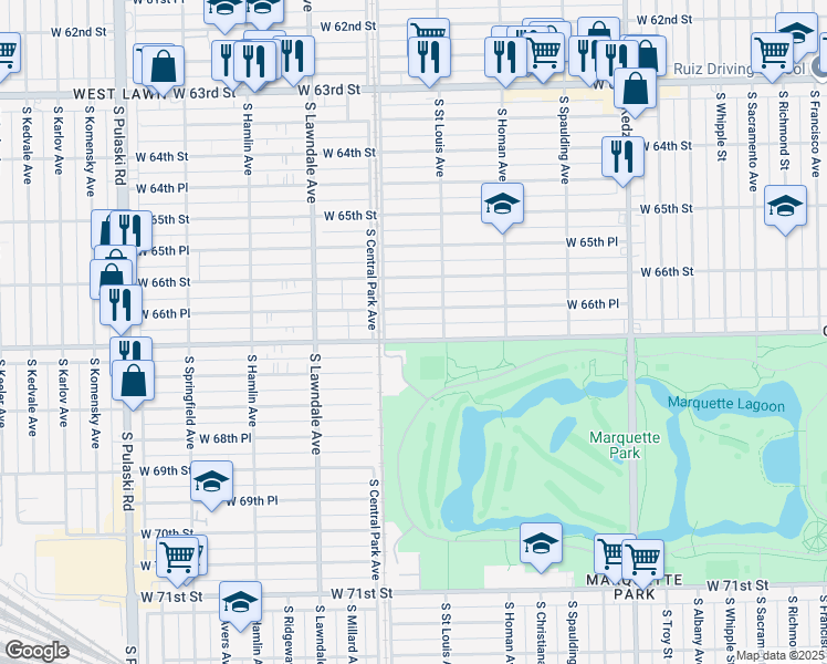 map of restaurants, bars, coffee shops, grocery stores, and more near 3520 West Marquette Road in Chicago