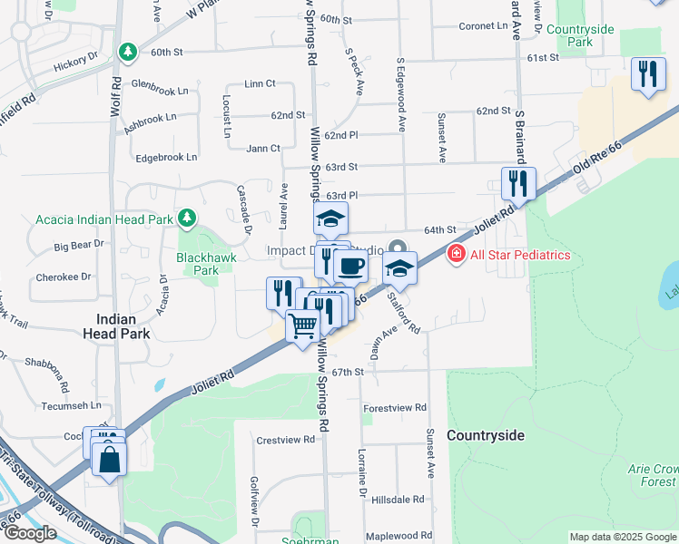map of restaurants, bars, coffee shops, grocery stores, and more near 10764 Clock Tower Drive in Countryside