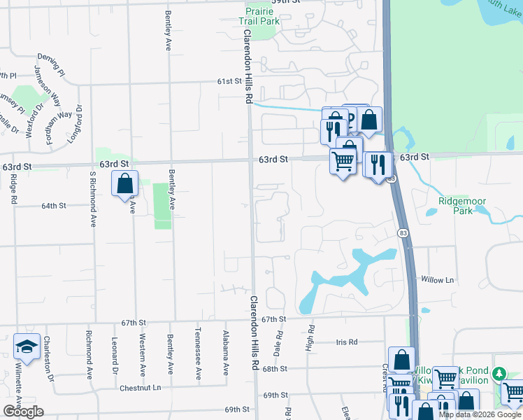 map of restaurants, bars, coffee shops, grocery stores, and more near 6425 Clarendon Hills Road in Willowbrook
