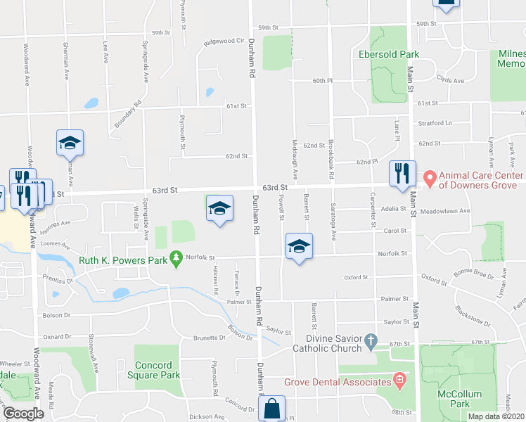 map of restaurants, bars, coffee shops, grocery stores, and more near 6316 Powell Street in Downers Grove