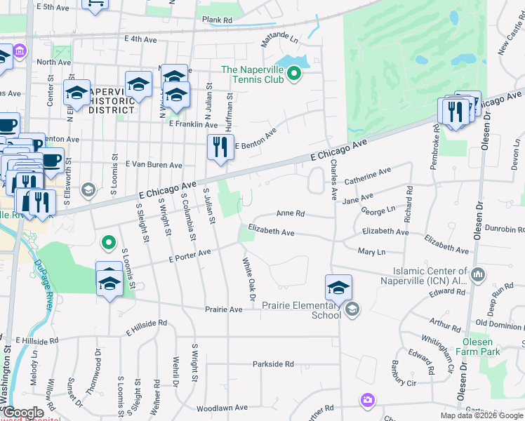 map of restaurants, bars, coffee shops, grocery stores, and more near 960 East Chicago Avenue in Naperville