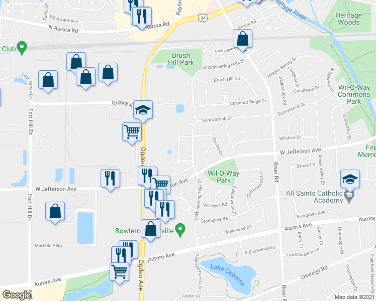 map of restaurants, bars, coffee shops, grocery stores, and more near 116 South Whispering Hills Drive in Naperville