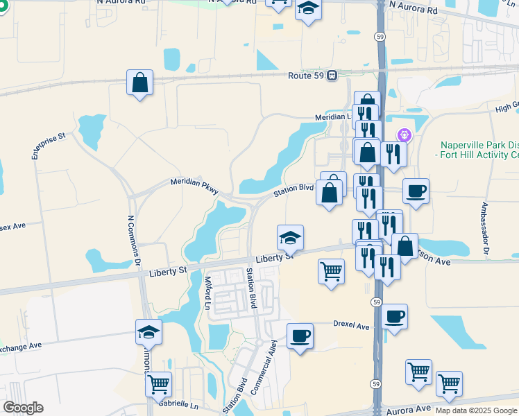 map of restaurants, bars, coffee shops, grocery stores, and more near 4390 Liberty Street in Aurora