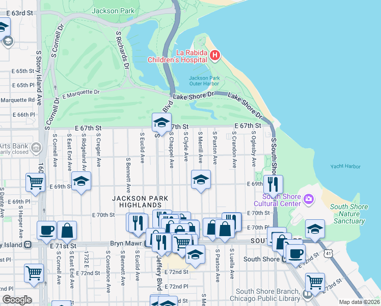 map of restaurants, bars, coffee shops, grocery stores, and more near 6757 South Clyde Avenue in Chicago