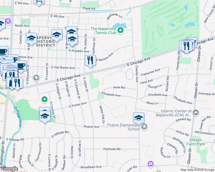 map of restaurants, bars, coffee shops, grocery stores, and more near 960 East Chicago Avenue in Naperville