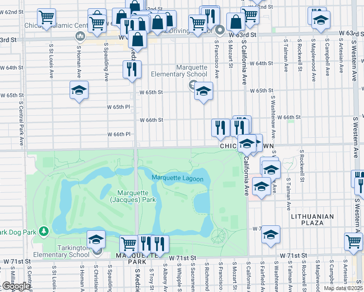 map of restaurants, bars, coffee shops, grocery stores, and more near 3028 West Marquette Road in Chicago