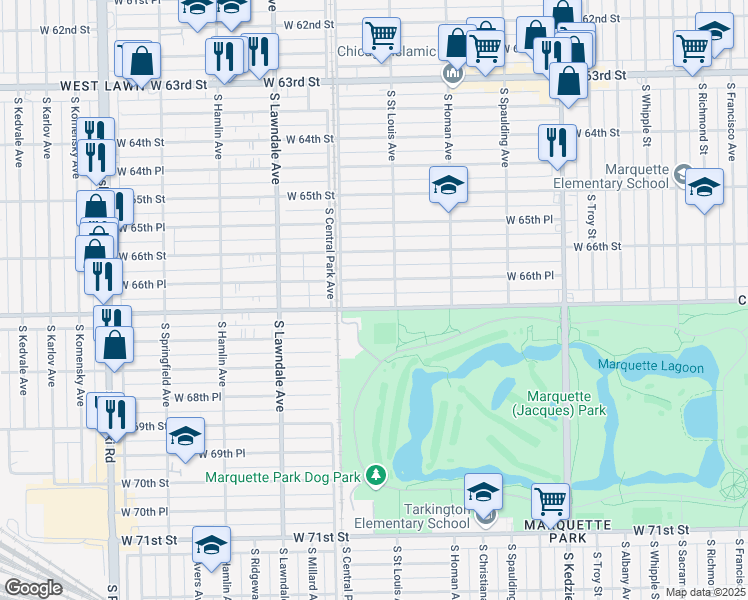 map of restaurants, bars, coffee shops, grocery stores, and more near 3520 West Marquette Road in Chicago