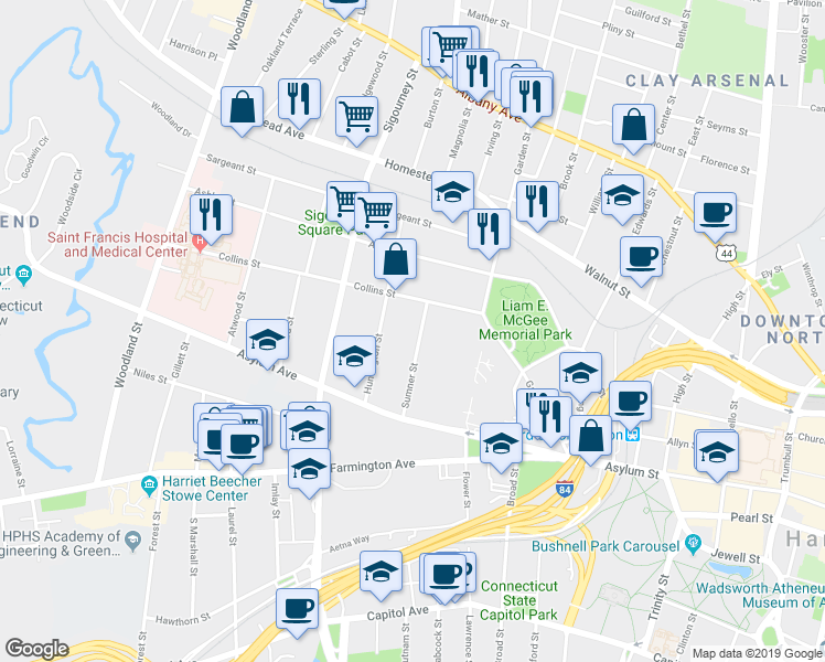 map of restaurants, bars, coffee shops, grocery stores, and more near 73 Sumner Street in Hartford