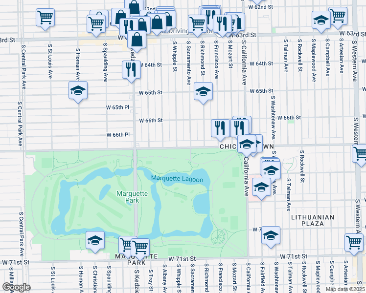 map of restaurants, bars, coffee shops, grocery stores, and more near 3018 West Marquette Road in Chicago
