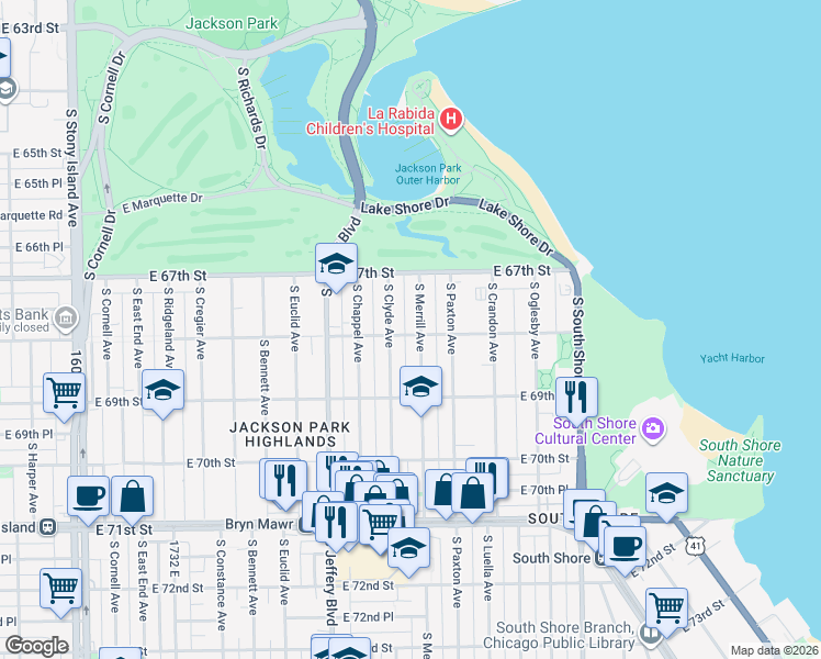 map of restaurants, bars, coffee shops, grocery stores, and more near 2122 East 68th Street in Chicago
