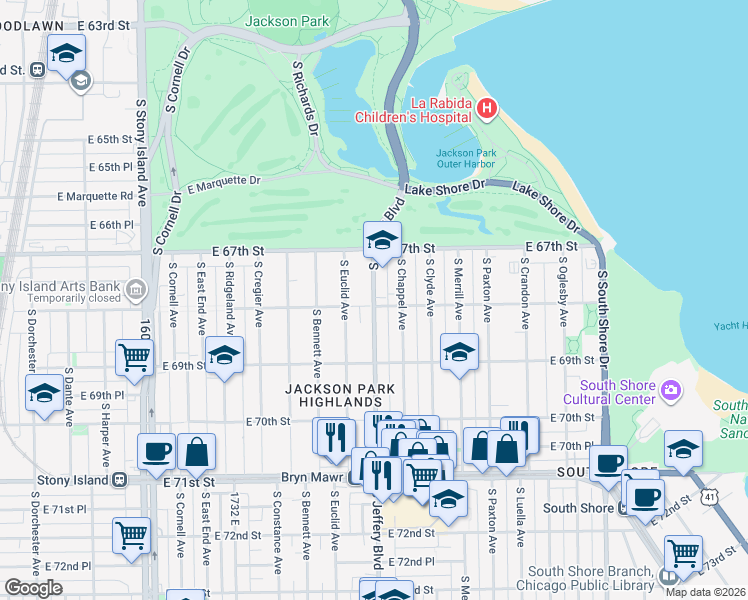 map of restaurants, bars, coffee shops, grocery stores, and more near 6760 South Jeffery Avenue in Chicago