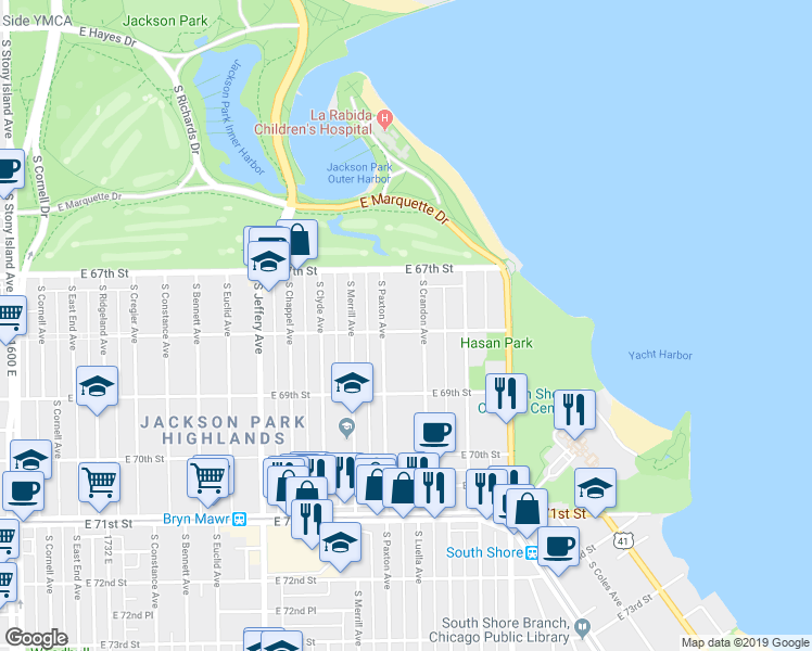 map of restaurants, bars, coffee shops, grocery stores, and more near 2232 East 68th Street in Chicago