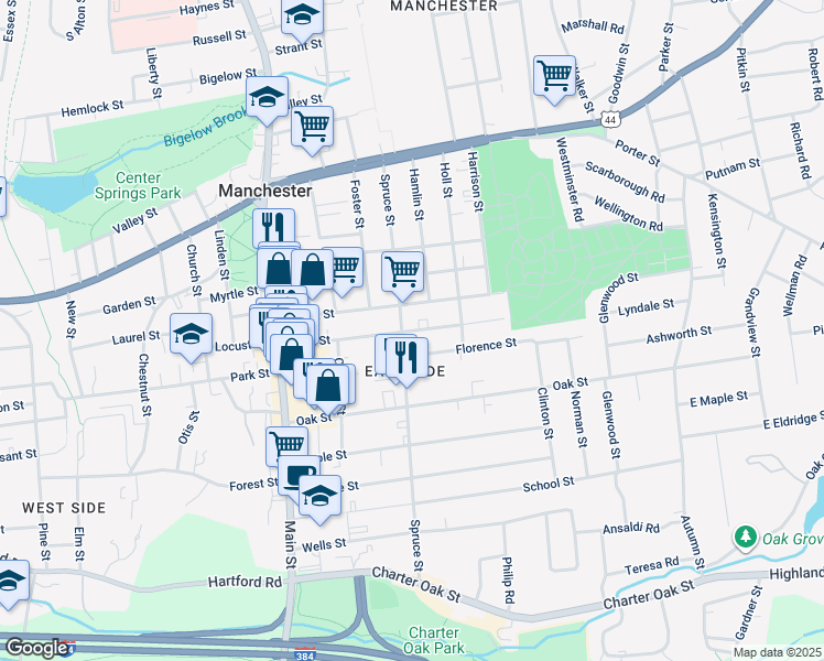 map of restaurants, bars, coffee shops, grocery stores, and more near 129 Spruce Street in Manchester