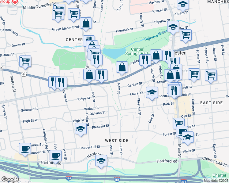 map of restaurants, bars, coffee shops, grocery stores, and more near 40 New Street in Manchester