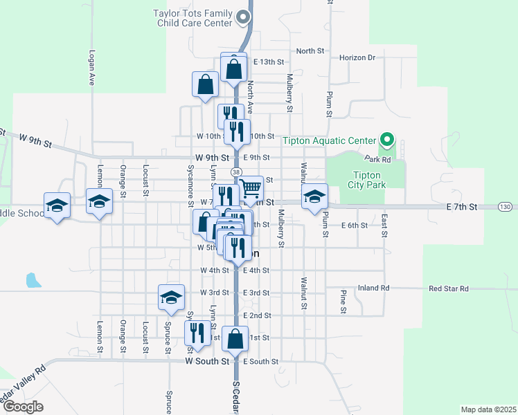 map of restaurants, bars, coffee shops, grocery stores, and more near 201 East 7th Street in Tipton