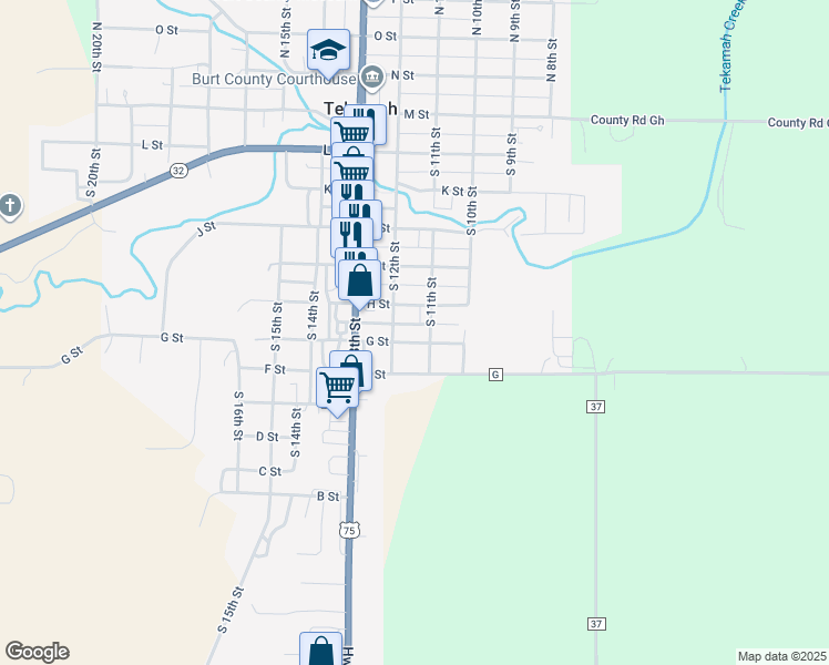 map of restaurants, bars, coffee shops, grocery stores, and more near 1110 G Street in Tekamah