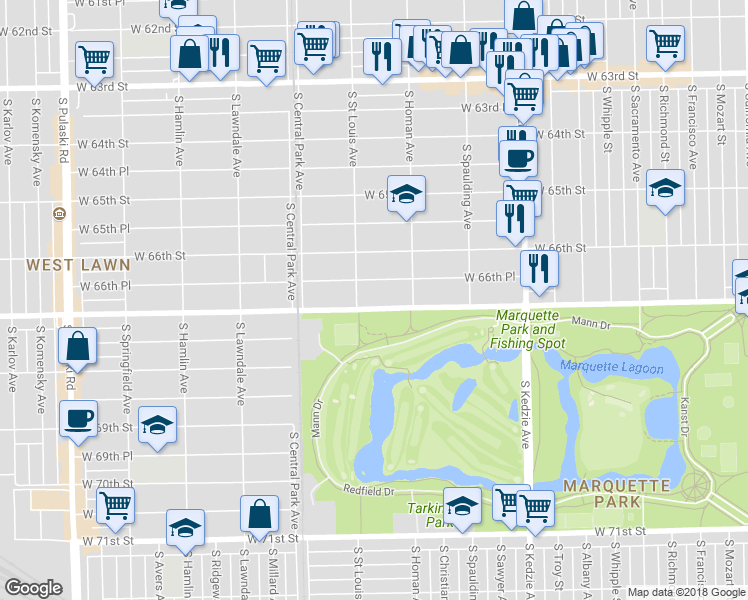 map of restaurants, bars, coffee shops, grocery stores, and more near 3440 West Marquette Road in Chicago