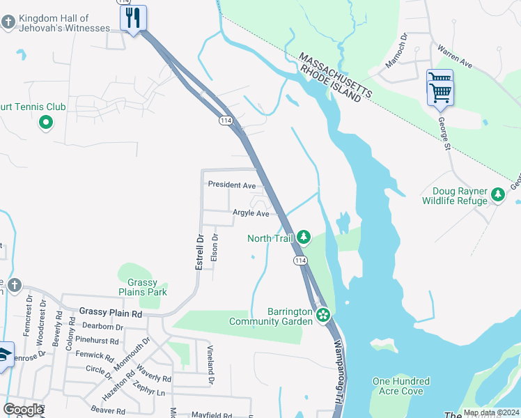 map of restaurants, bars, coffee shops, grocery stores, and more near 21 Argyle Avenue in East Providence