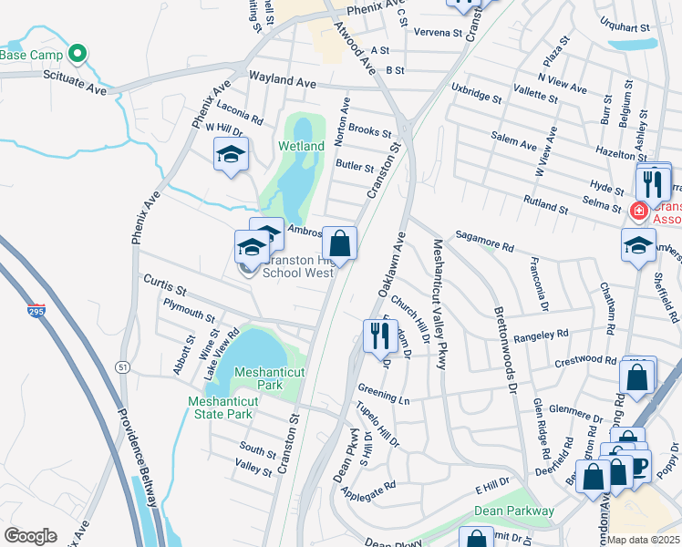 map of restaurants, bars, coffee shops, grocery stores, and more near 2068 Cranston Street in Cranston