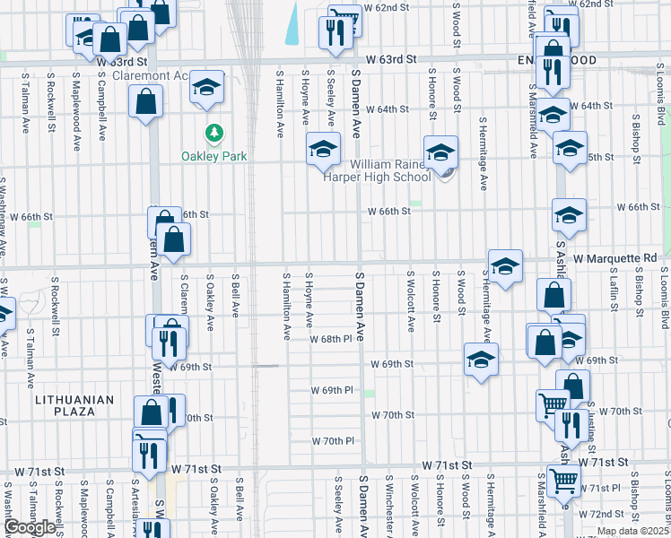 map of restaurants, bars, coffee shops, grocery stores, and more near 2029 West Marquette Road in Chicago